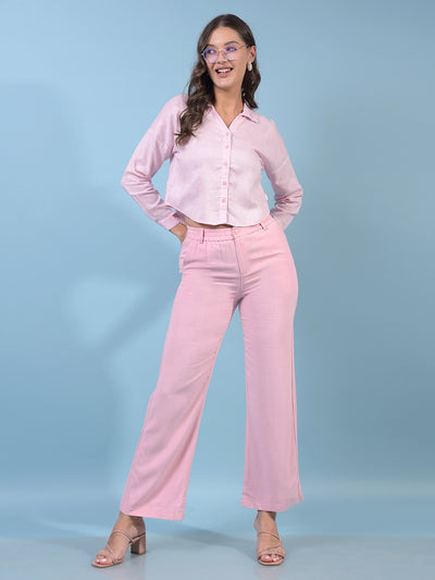 Women's Pink Linen Straight Trousers-Women Trousers-Crimsoune Club