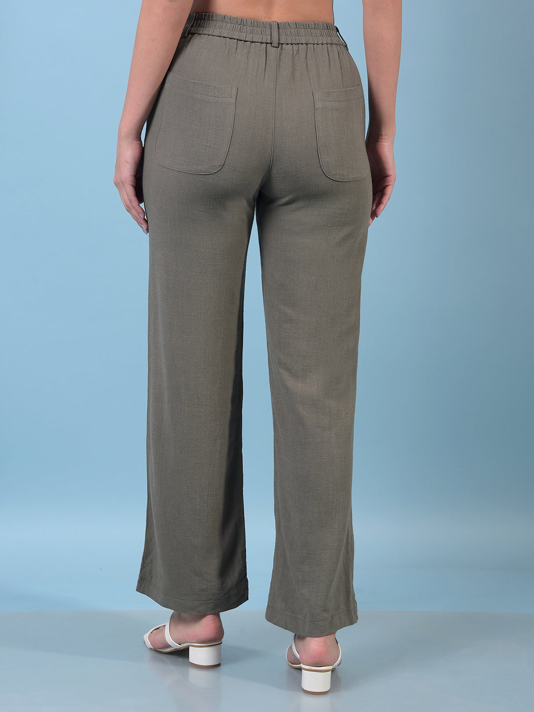 Women's Olive Linen Straight Trousers-Women Trousers-Crimsoune Club