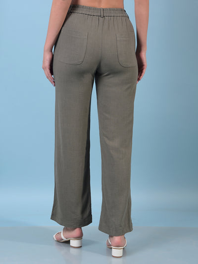 Women's Olive Linen Straight Trousers-Women Trousers-Crimsoune Club