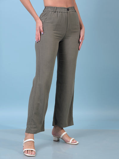 Women's Olive Linen Straight Trousers-Women Trousers-Crimsoune Club