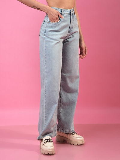 Blue Wide-Leg Jeans-Women Jeans-Crimsoune Club