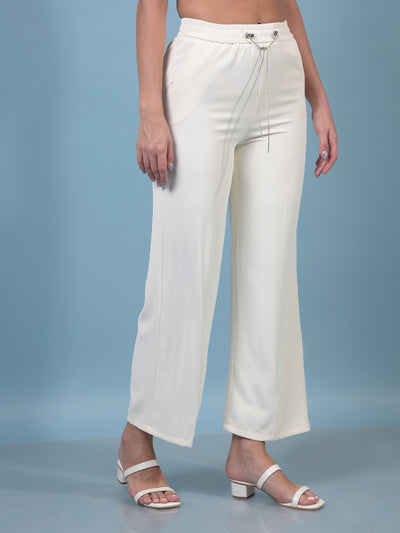 Women's Beige Wide-Leg Trousers-Women Trousers-Crimsoune Club