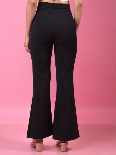 Black Front-Slit Bootcut Trousers-Women Trousers-Crimsoune Club