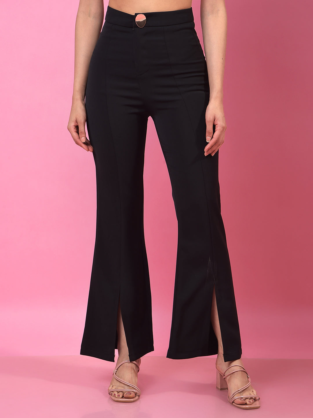 Black Front-Slit Bootcut Trousers-Women Trousers-Crimsoune Club