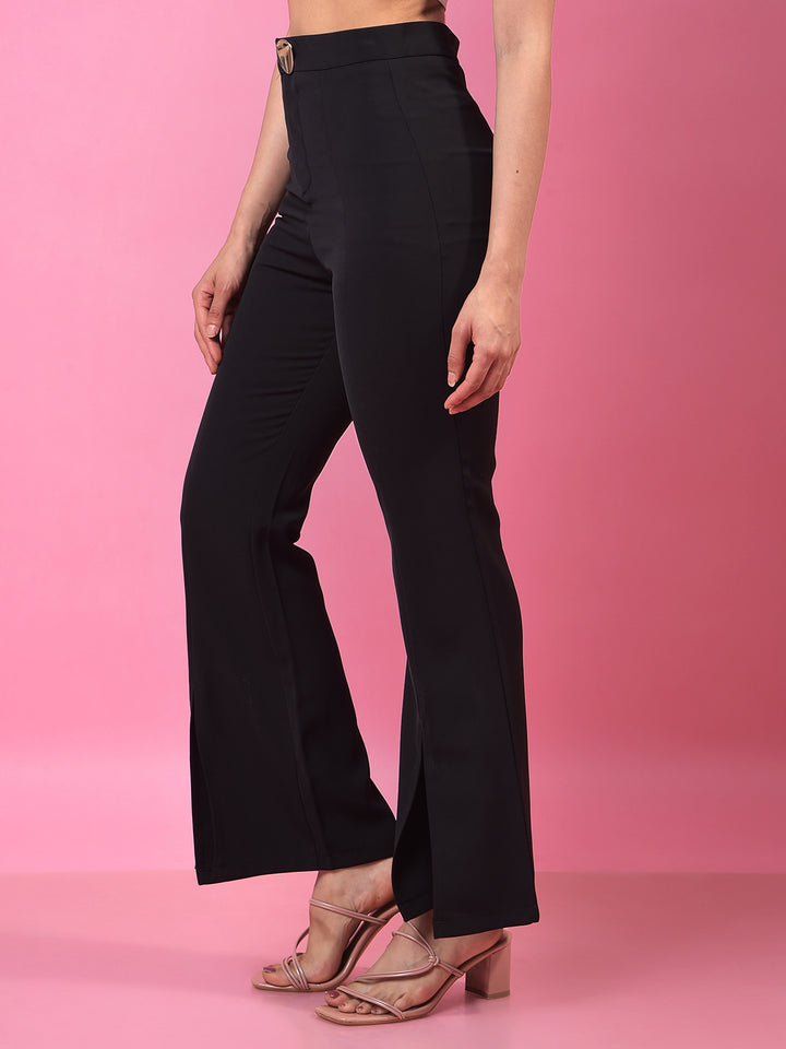 Black Front-Slit Bootcut Trousers-Women Trousers-Crimsoune Club