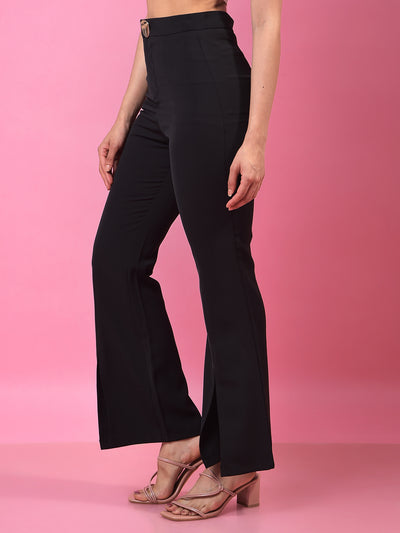 Black Front-Slit Bootcut Trousers-Women Trousers-Crimsoune Club