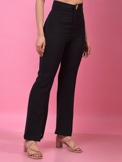 Black Front-Slit Bootcut Trousers-Women Trousers-Crimsoune Club