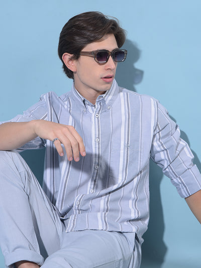 Grey Vertical Striped 100% Cotton Shirt-Men Shirts-Crimsoune Club