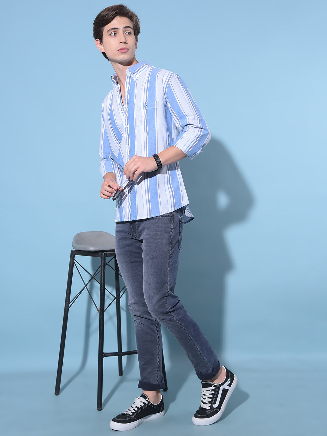 Blue Vertical Striped 100% Cotton Shirt-Men Shirts-Crimsoune Club