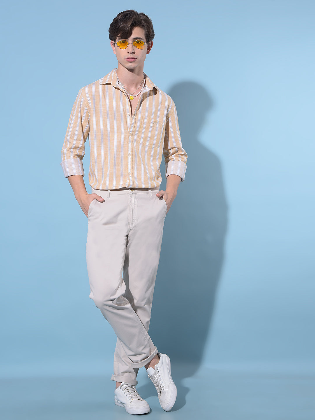 Yellow Vertical Striped 100% Cotton Shirt-Men Shirts-Crimsoune Club