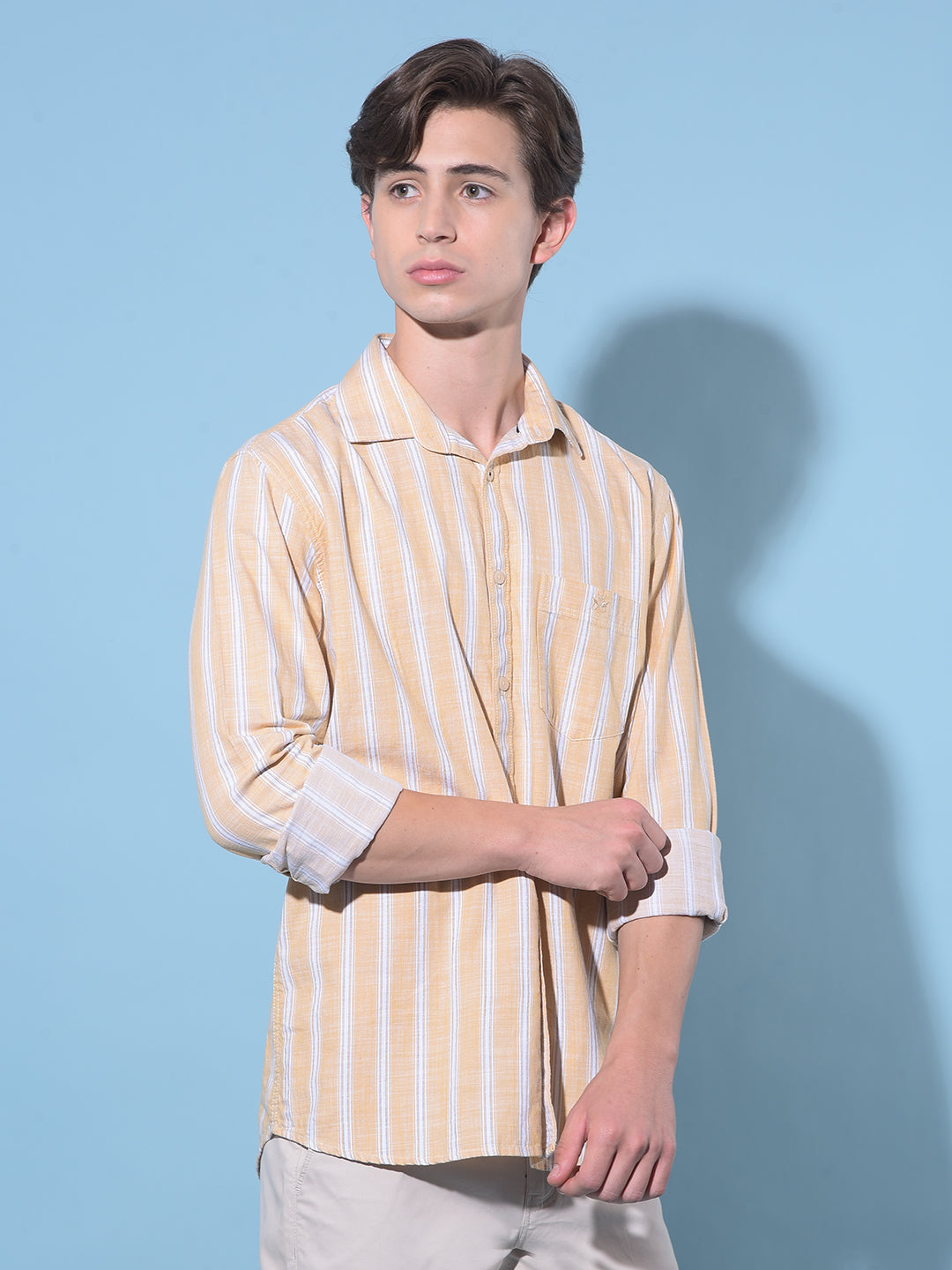 Yellow Vertical Striped 100% Cotton Shirt-Men Shirts-Crimsoune Club