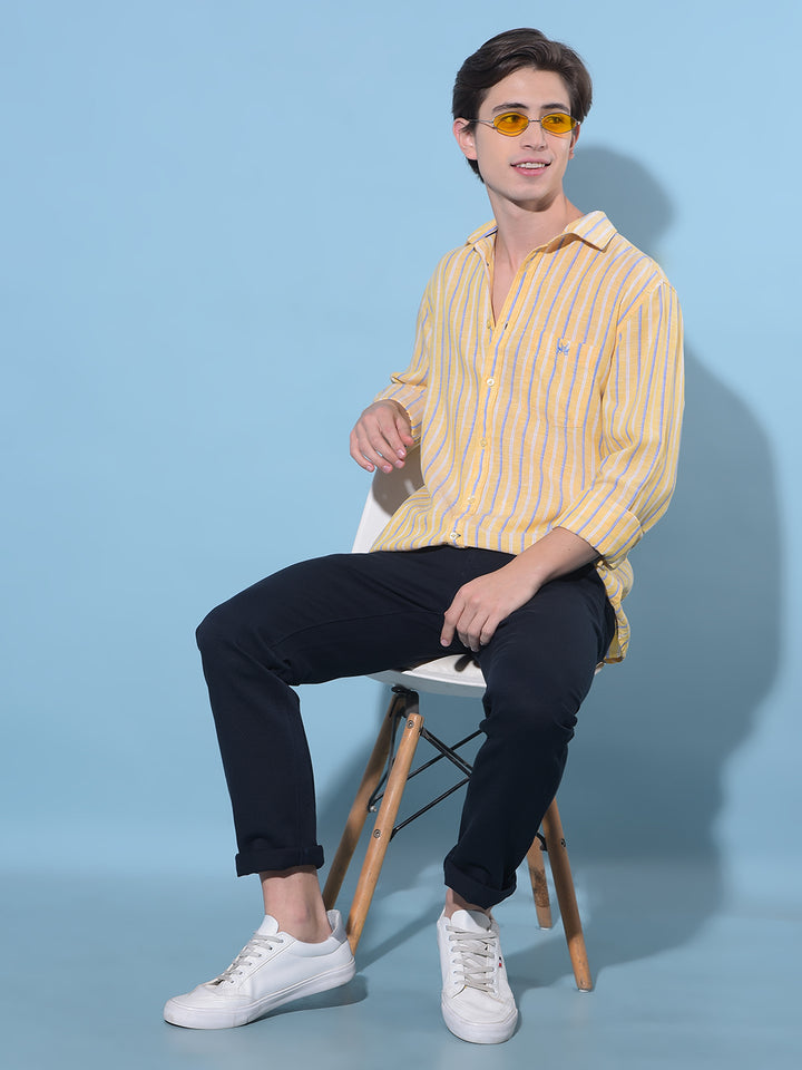 Yellow Vertical Striped Linen Shirt-Men Shirts-Crimsoune Club