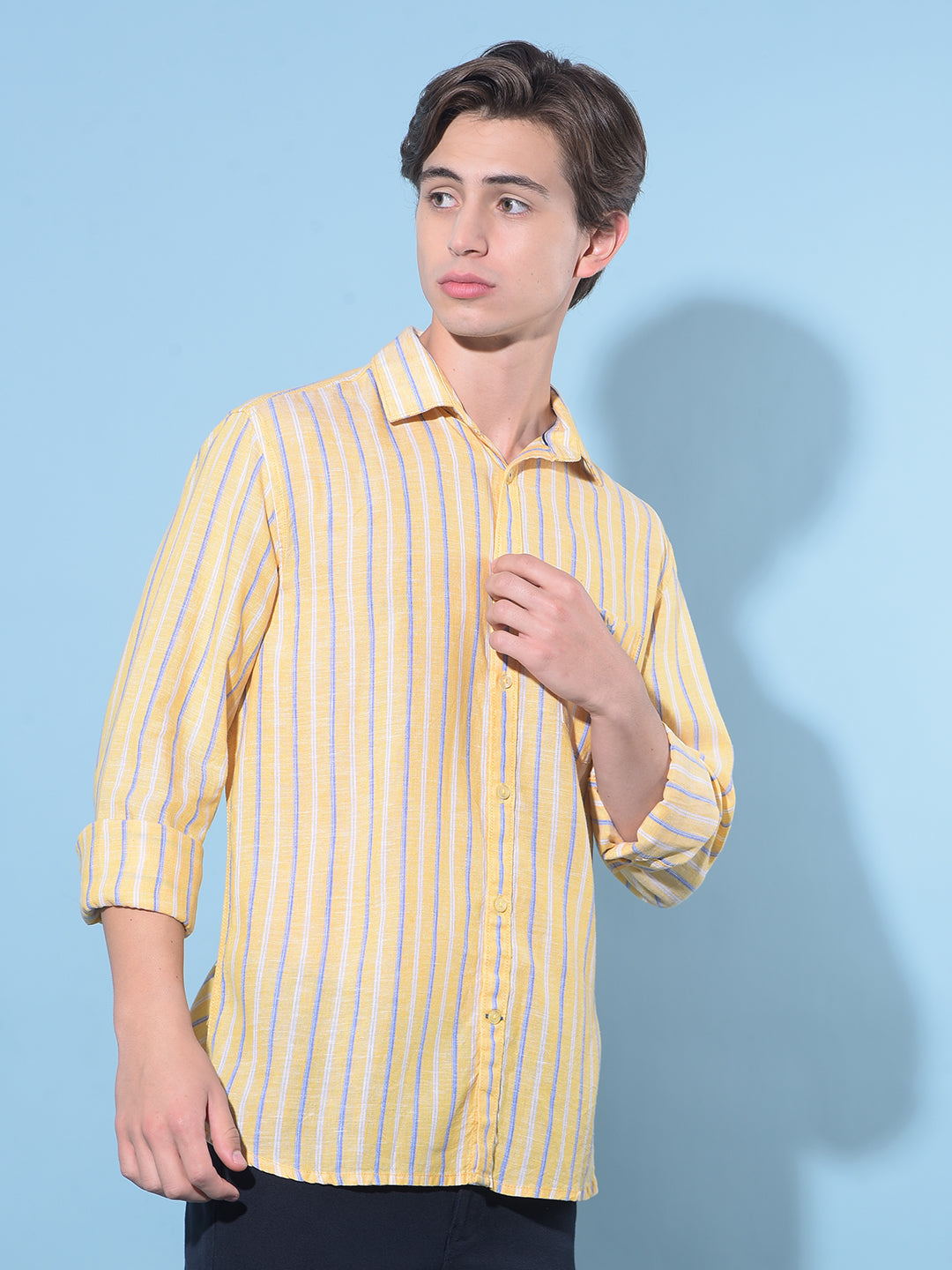 Yellow Vertical Striped Linen Shirt-Men Shirts-Crimsoune Club