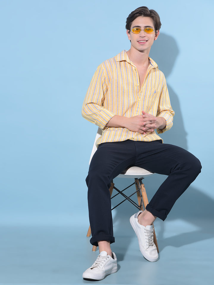 Yellow Vertical Striped Linen Shirt-Men Shirts-Crimsoune Club
