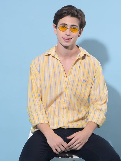 Yellow Vertical Striped Linen Shirt-Men Shirts-Crimsoune Club