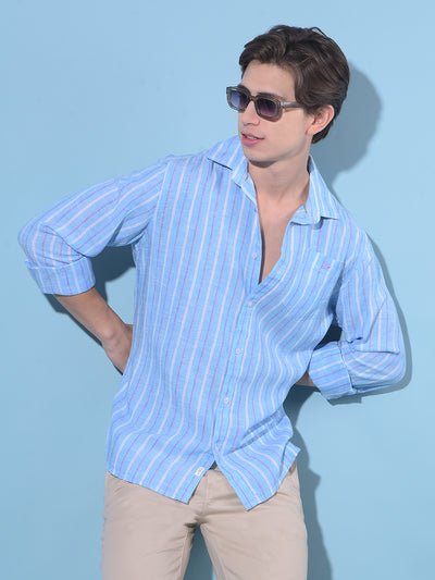 Blue Vertical Striped Linen Shirt-Men Shirts-Crimsoune Club