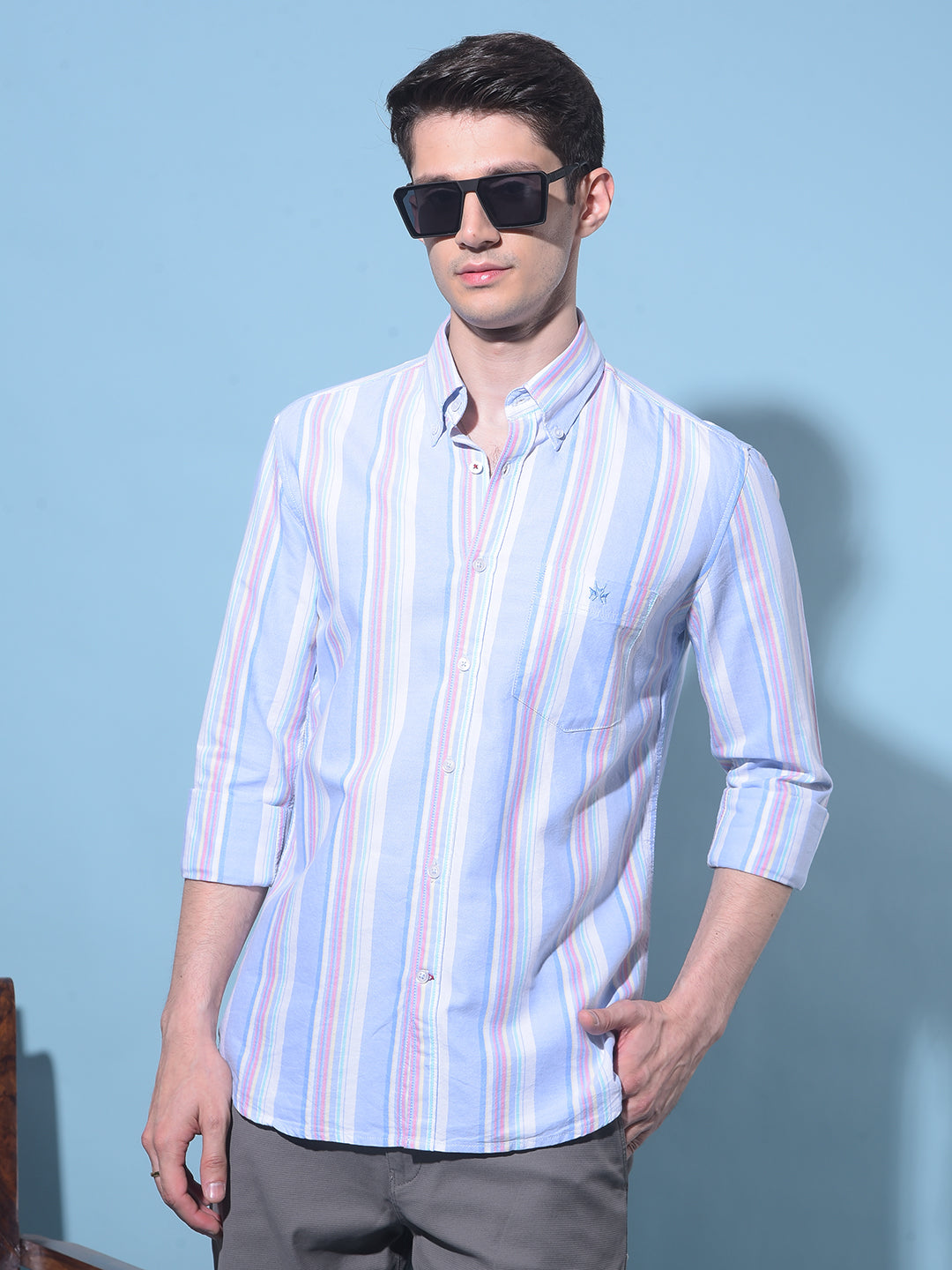 Blue Vertical Striped 100% Cotton Shirt-Men Shirts-Crimsoune Club