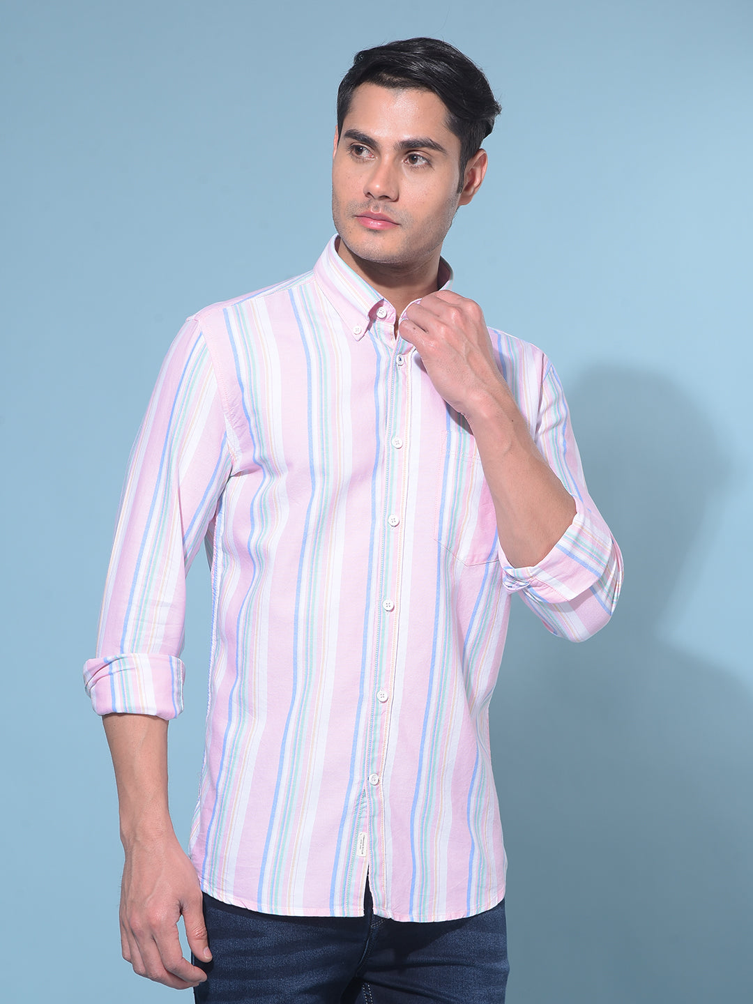 Peach Vertical Striped 100% Cotton Shirt-Men Shirts-Crimsoune Club