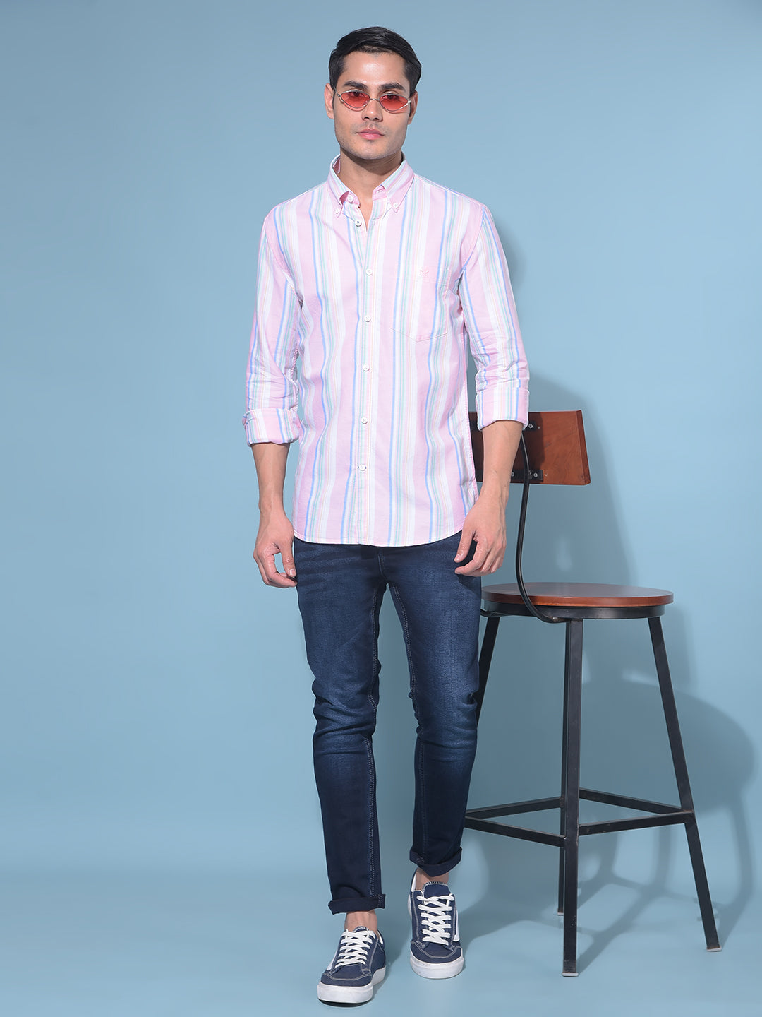 Peach Vertical Striped 100% Cotton Shirt-Men Shirts-Crimsoune Club