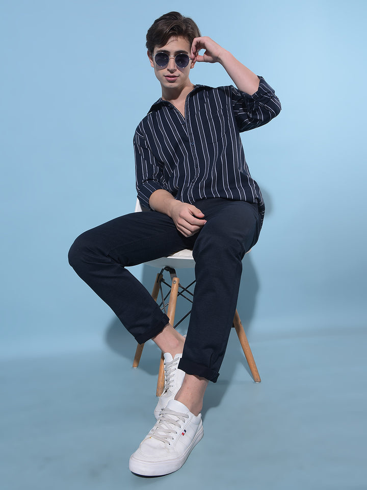 Black Vertical Striped 100% Cotton Shirt-Men Shirts-Crimsoune Club