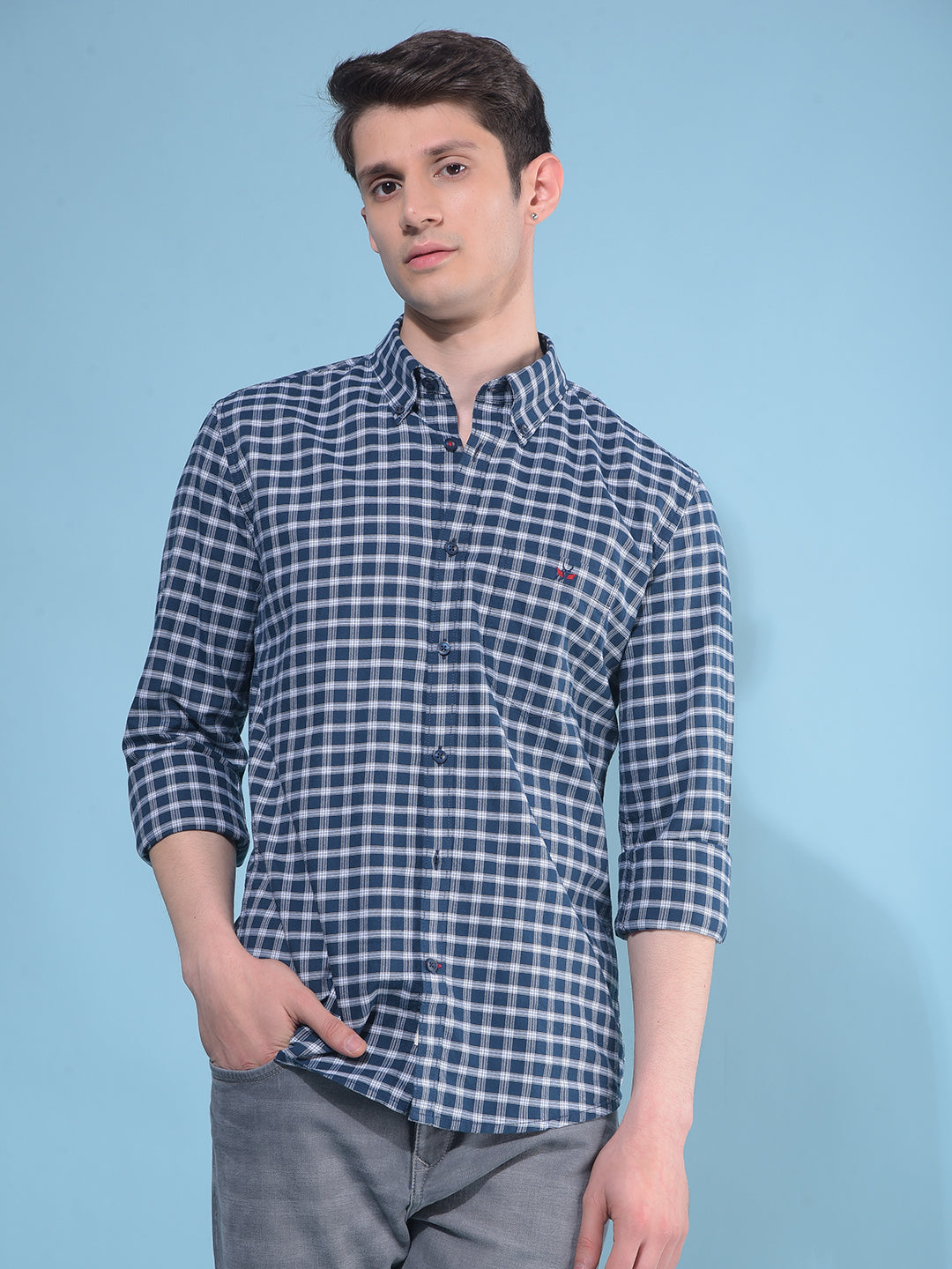 Blue Plain Check 100% Cotton Shirt-Men Shirts-Crimsoune Club