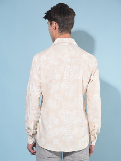 Beige Floral Print Linen Shirt-Men Shirts-Crimsoune Club