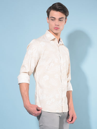 Beige Floral Print Linen Shirt-Men Shirts-Crimsoune Club