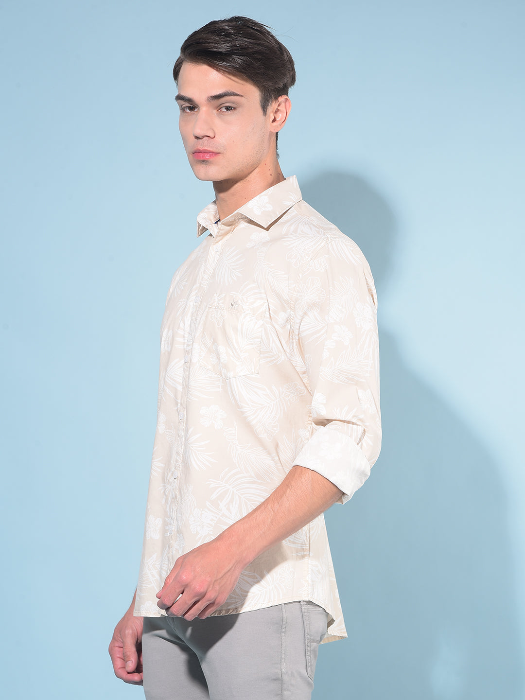 Beige Floral Print Linen Shirt-Men Shirts-Crimsoune Club