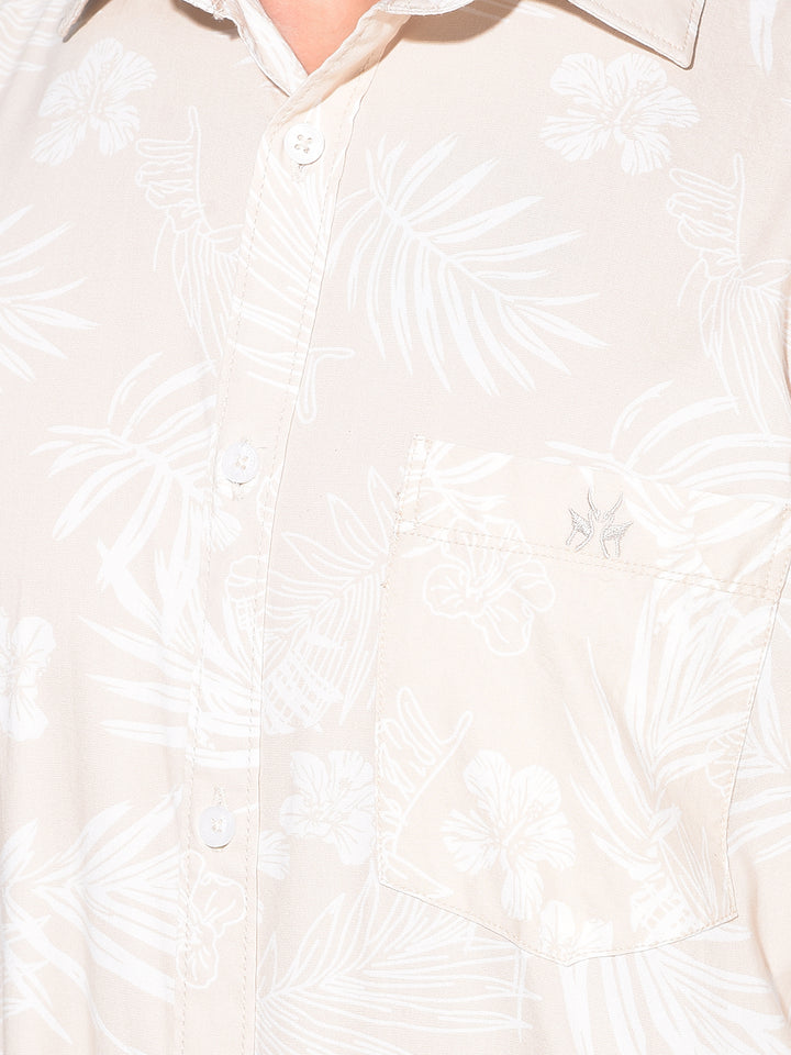 Beige Floral Print Linen Shirt-Men Shirts-Crimsoune Club