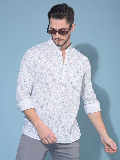 White Floral Print Linen Kurta-Men Kurtas-Crimsoune Club