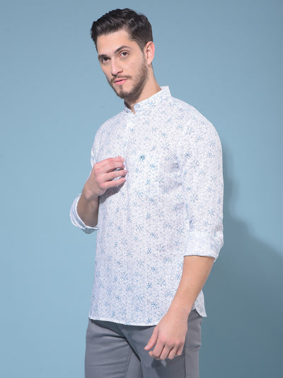 White Floral Print Linen Kurta-Men Kurtas-Crimsoune Club