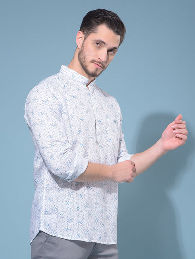 White Floral Print Linen Kurta-Men Kurtas-Crimsoune Club