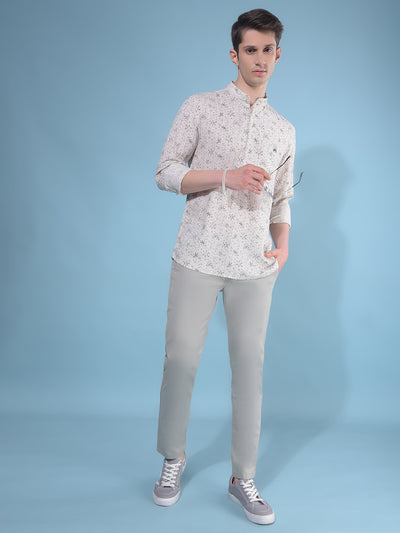 Beige Floral Print Linen Kurta-Men Kurtas-Crimsoune Club