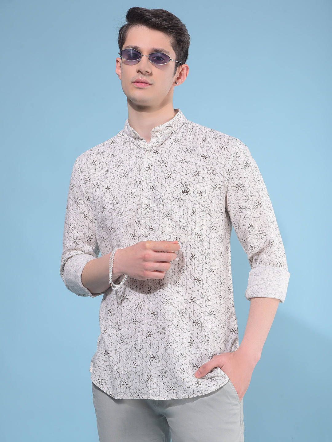 Beige Floral Print Linen Kurta-Men Kurtas-Crimsoune Club