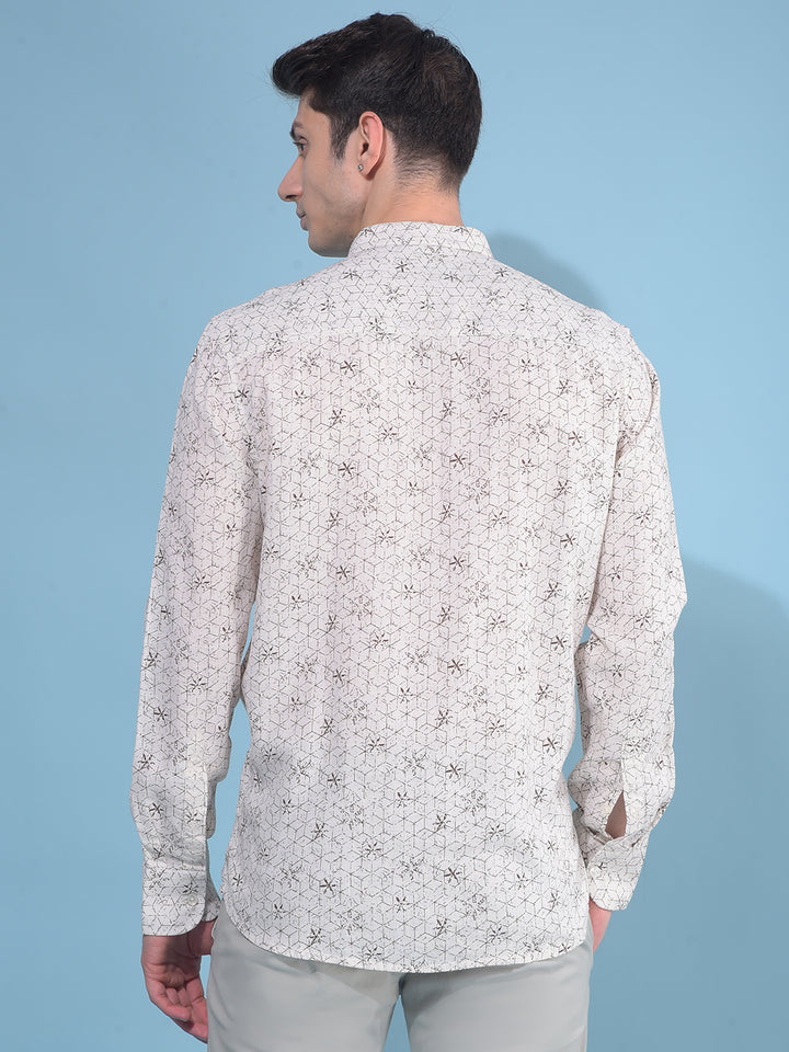 Beige Floral Print Linen Kurta-Men Kurtas-Crimsoune Club