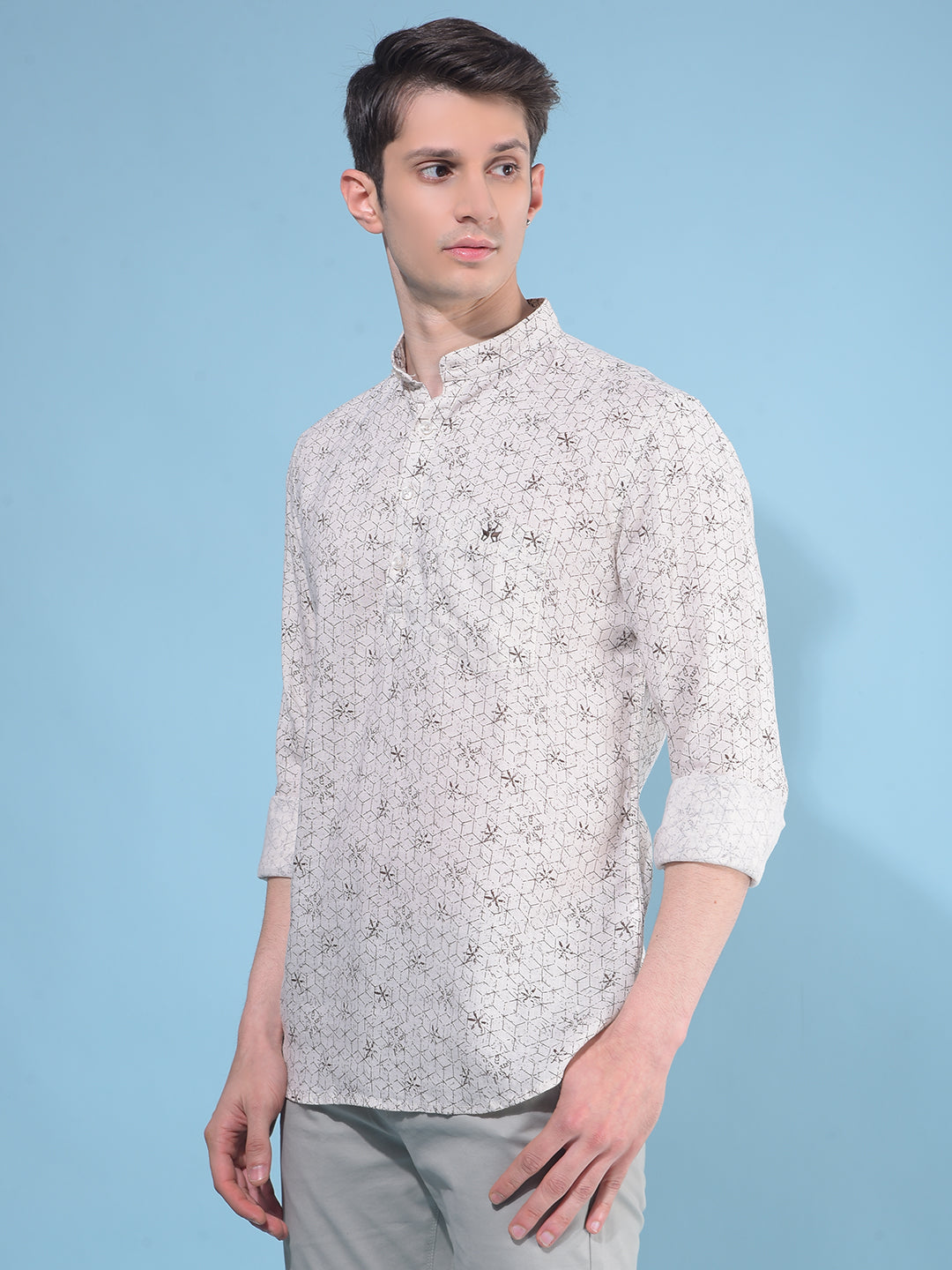 Beige Floral Print Linen Kurta-Men Kurtas-Crimsoune Club