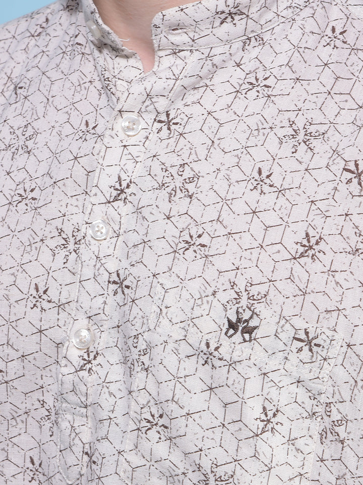 Beige Floral Print Linen Kurta-Men Kurtas-Crimsoune Club