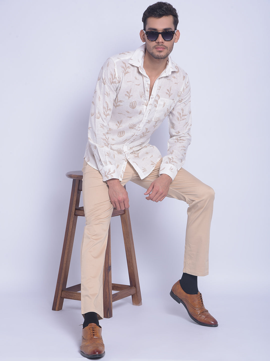 Beige Printed Shirt-Men Shirts-Crimsoune Club