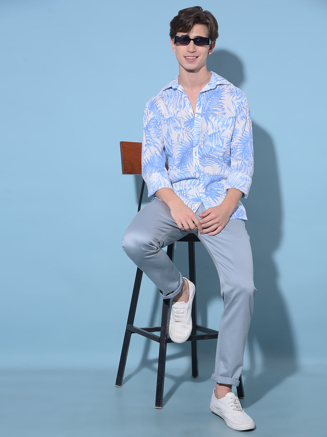 Blue Floral Print Linen Shirt-Men Shirts-Crimsoune Club