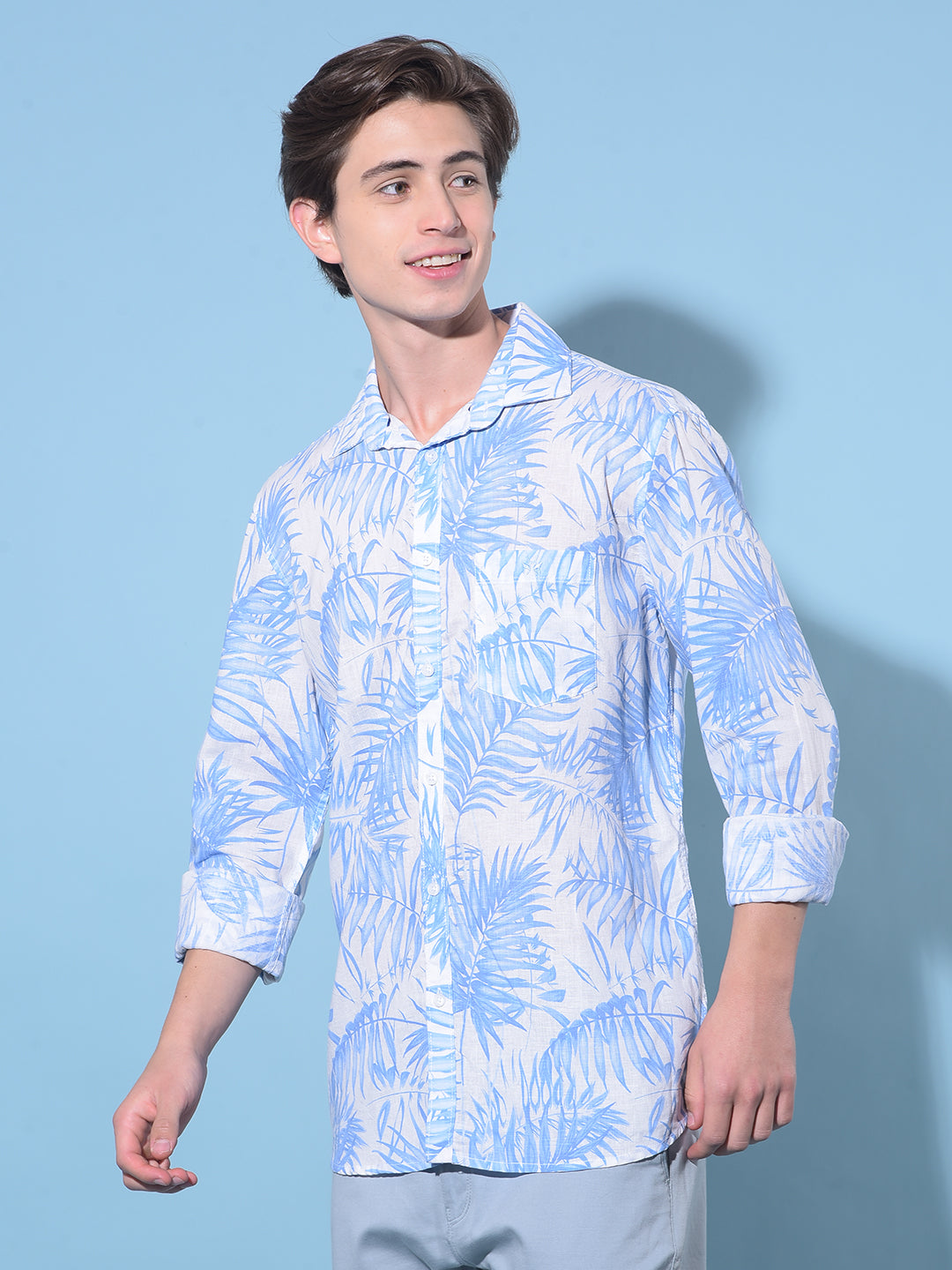 Blue Floral Print Linen Shirt-Men Shirts-Crimsoune Club