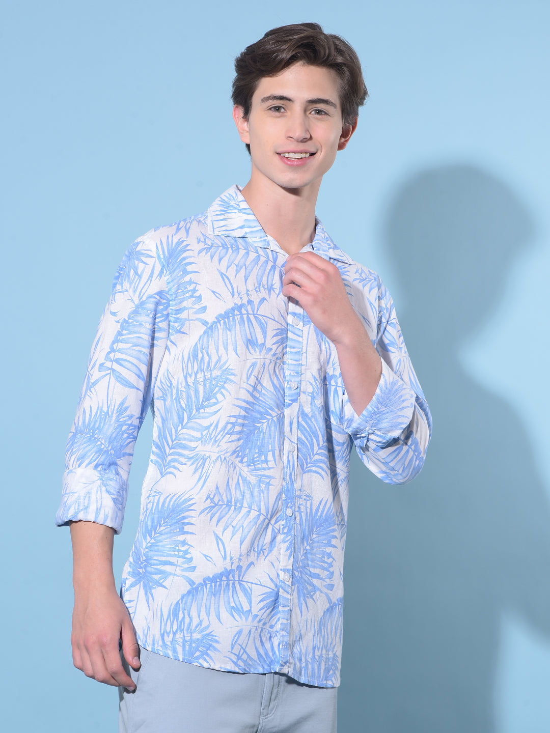 Blue Floral Print Linen Shirt-Men Shirts-Crimsoune Club