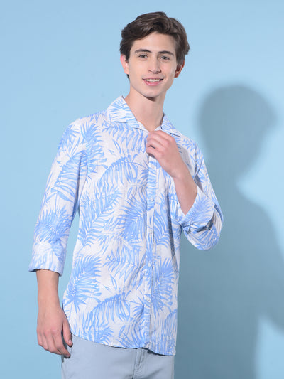 Blue Floral Print Linen Shirt-Men Shirts-Crimsoune Club