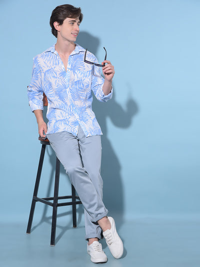 Blue Floral Print Linen Shirt-Men Shirts-Crimsoune Club