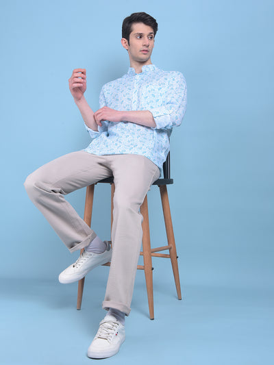 Blue Floral Print Linen Shirt-Men Shirts-Crimsoune Club