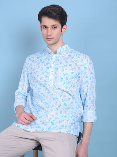 Blue Floral Print Linen Shirt-Men Shirts-Crimsoune Club