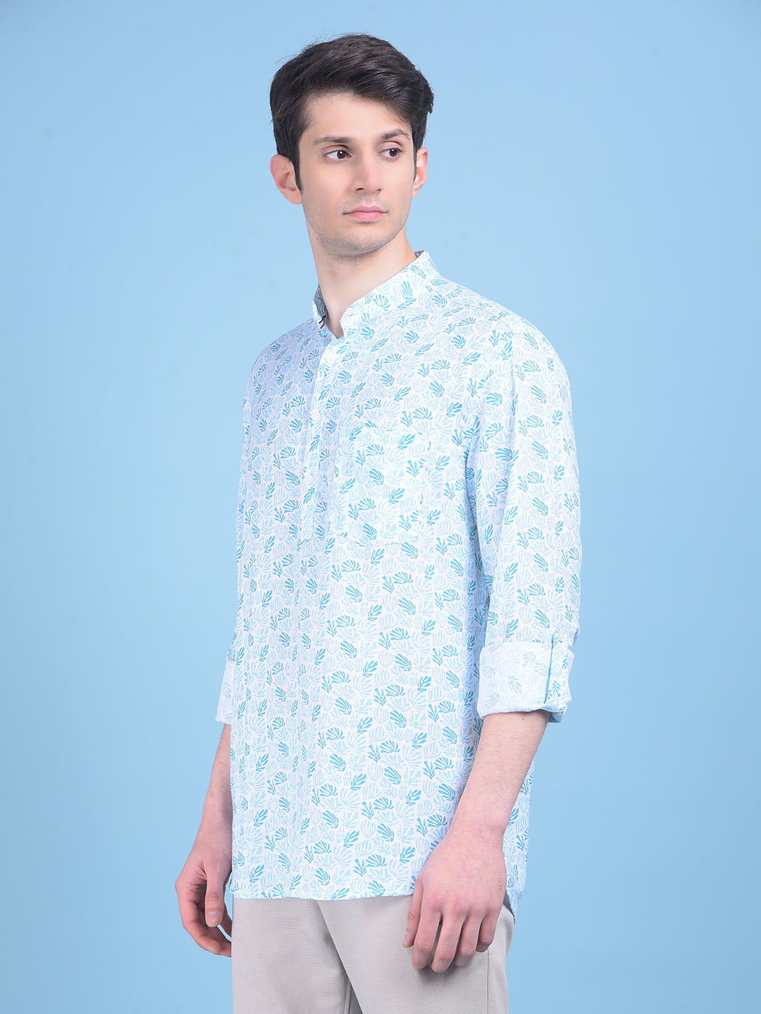 Blue Floral Print Linen Shirt-Men Shirts-Crimsoune Club