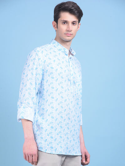 Blue Floral Print Linen Shirt-Men Shirts-Crimsoune Club