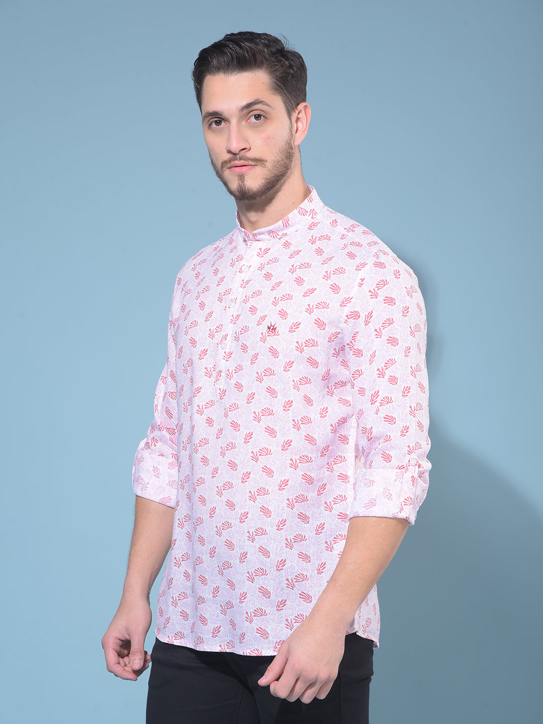 Purple Floral Print Linen Kurta-Men Kurtas-Crimsoune Club