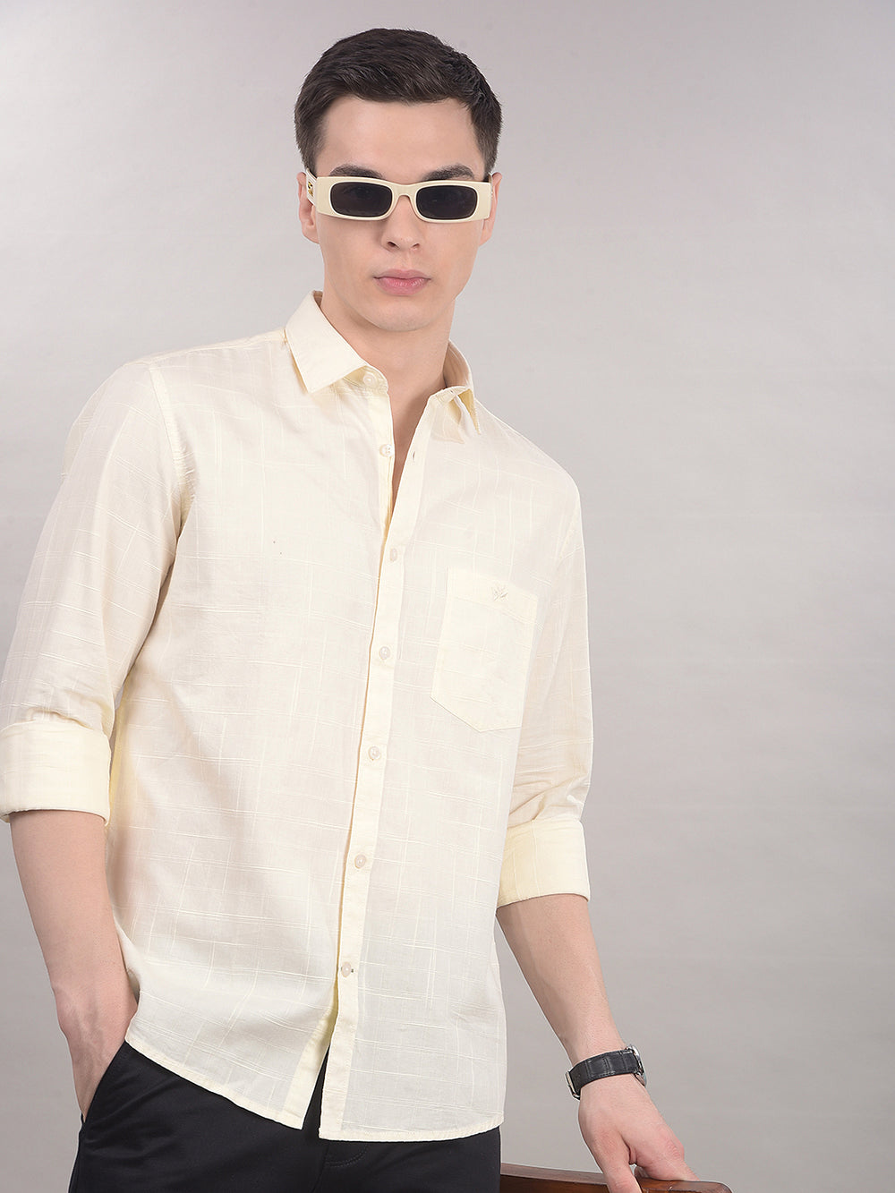 Beige 100% Cotton Checked Shirt-Men Shirts-Crimsoune Club