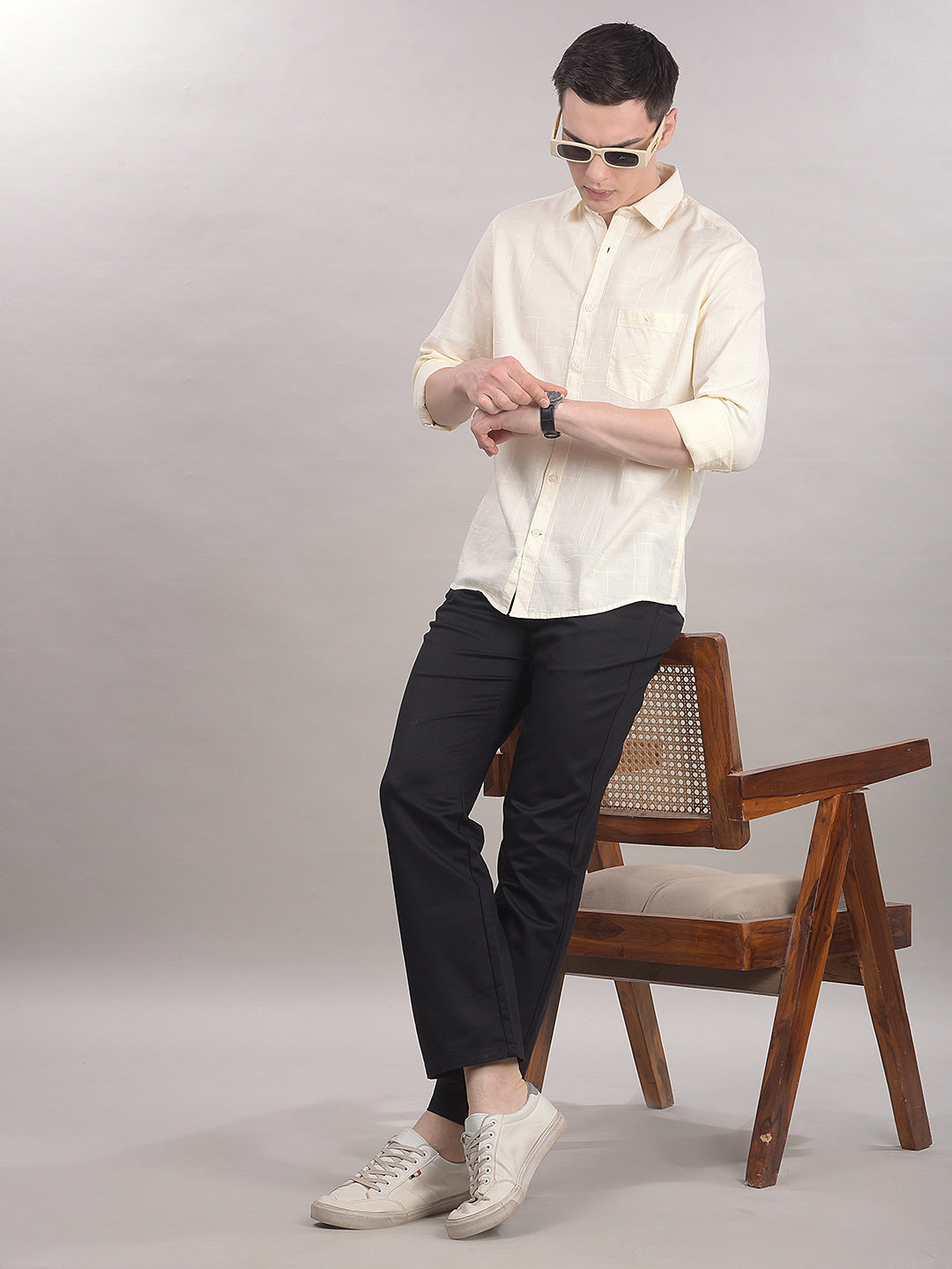 Beige 100% Cotton Checked Shirt-Men Shirts-Crimsoune Club
